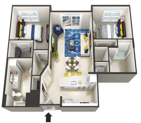 Floor plan for 2 beds, 2 baths, 1025 sqft